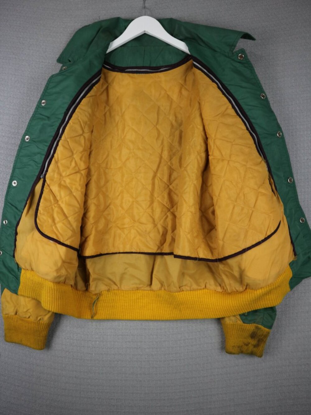 1970's Football Varsity Bomber Jacket Lightning Zipper Rams Patchwork L as-is - Picture 10 of 12